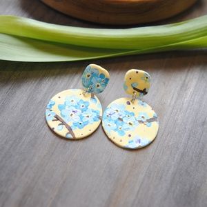 Hand Painted Forget me nots on polymer clay drop earrings